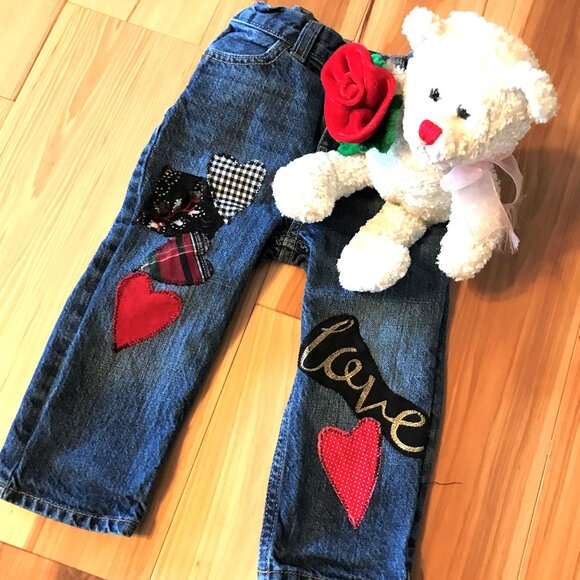 Toddler Patchwork Jeans OshKosh Size 12-18 Months: Handmade Heart & Love Patches - Picture 3 of 14